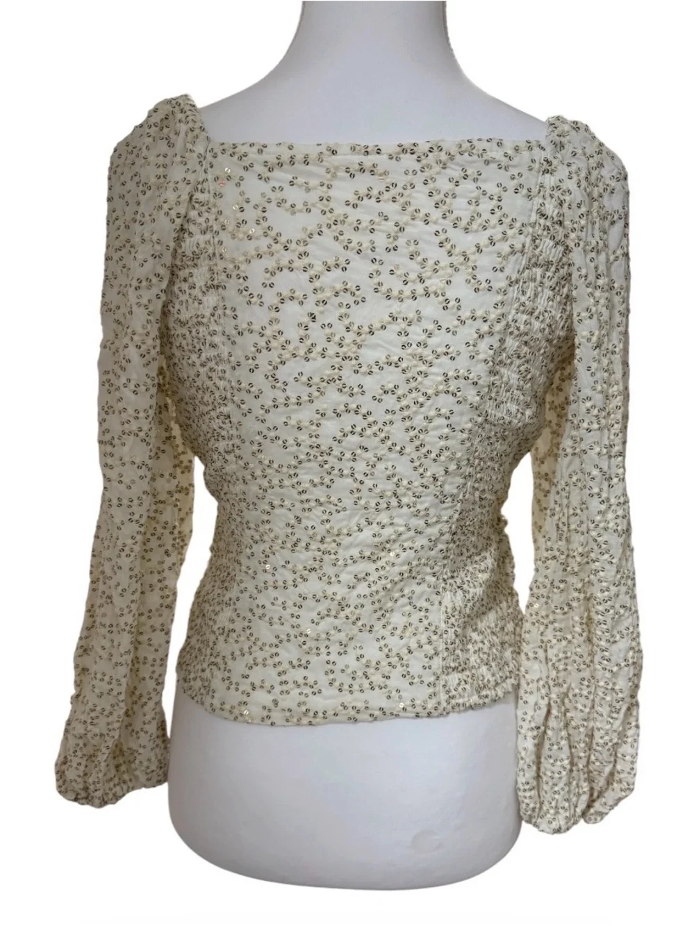 ANTHROPOLOGIE XS IVORY FLORAL EMBROIDERED WRAP BLOUSE TIE FRONT LONG SLEEVE BOHO
